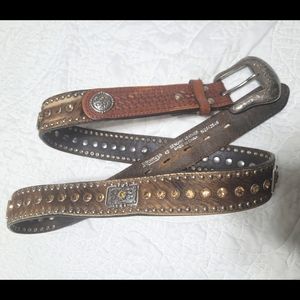 Nocona belt 42 genuine leather brown with gold rhinestones silver hardware
